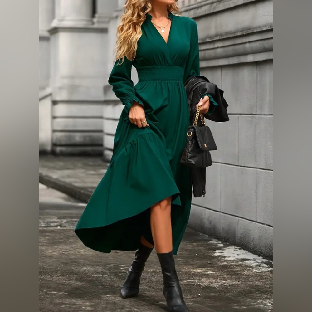 Notched Long Sleeve Tiered Dress